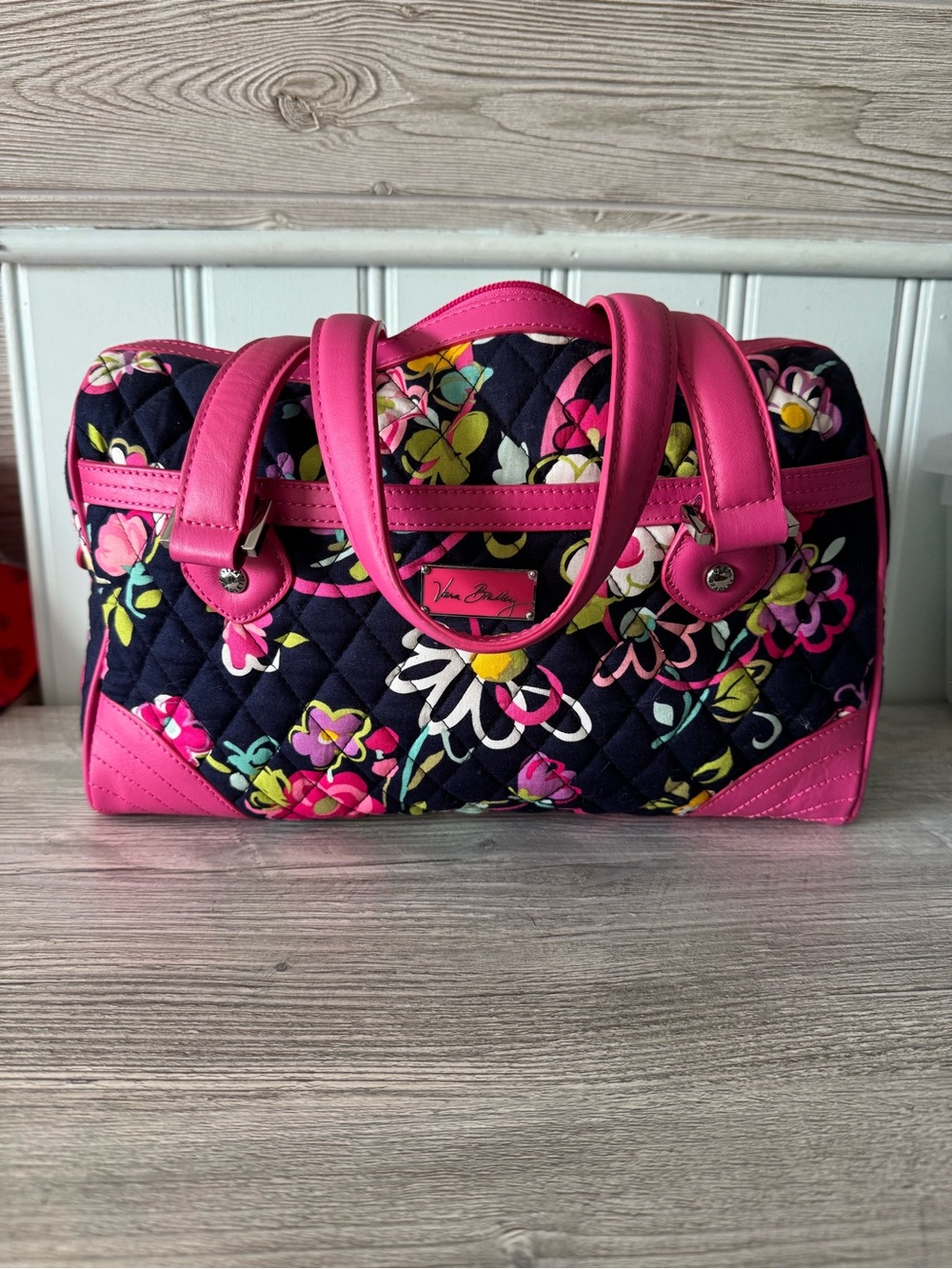 Vera Bradley Navy Quilted Satchel with Hot Pink Floral Accent